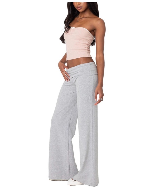Edikted Pants - Edikted Wide Leg Fold Over Pants Light Gray Melange L Y2K